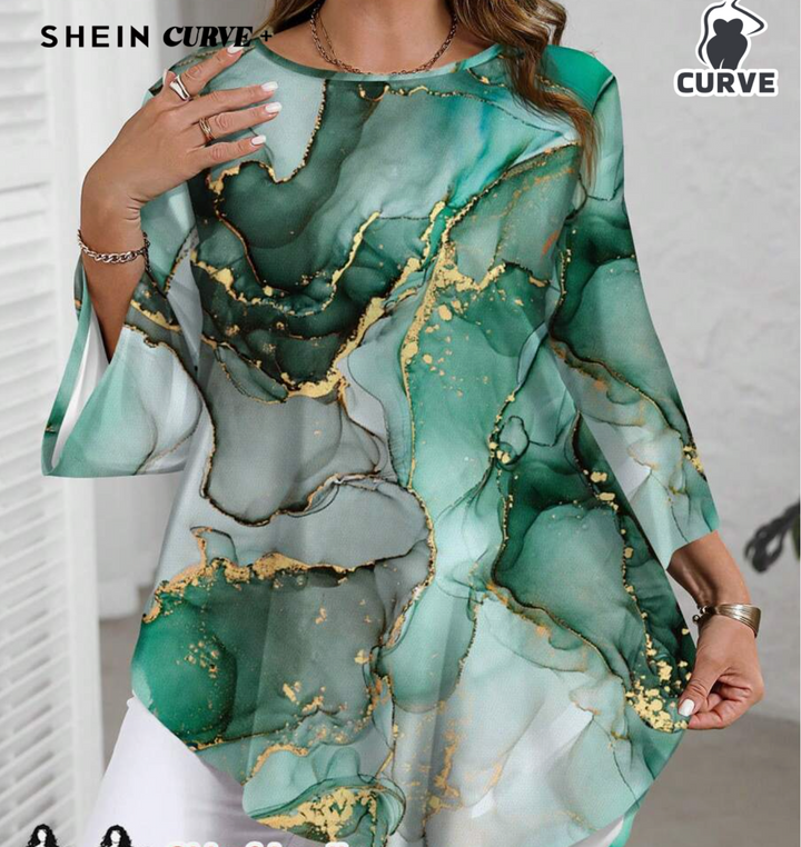 SHEIN CURVE+ Plus Size Elegant Marble Print Asymmetric Hem Blouse Autumn Chic Blouses