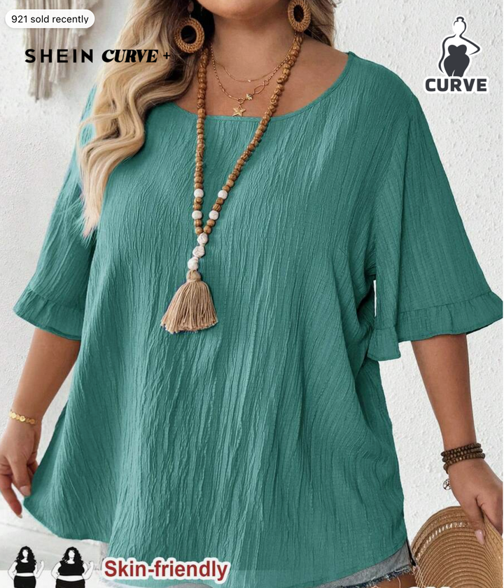 SHEIN CURVE+ Women Plus Size Teal Blouse,Ruffled Short Sleeve Loose Hem Casual