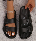 uofu Women Double Buckle Decor Slides, PVC Fashion Flat Sandals Black