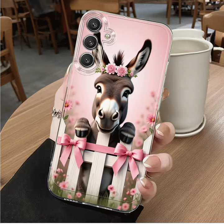 Phone Case: Pink Series Cute Donkey with Flower Crown and Bow Fence Phone Case, Suitable for Samsung Galaxy