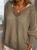Hollow Hooded V-Neck Long Sleeve Loose Relaxed
