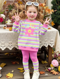Happikins Pink Striped Autumn Cute Vacation Baby Girl Set,Sweet Floral Face Pastel Knit Round Neck