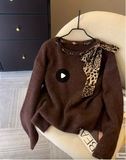 Early Autumn Outfit: Designer Leopard Print Scarf Bow Round Neck Loose Long Sleeve Sweater