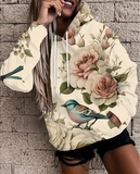 Fashion Women's Loose Street Style Hooded Sweatshirt with Two Colorful Birds and Pink-White Flowers - Stretch Blend, Easy to Wear
