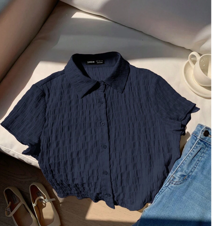Comfortcana Women's Single-Breasted Navy Blue Crinkle Chiffon Short Sleeve Blouse