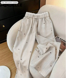 Qadelle Women's Slouchy Casual Bowknot Striped Lace Waist Straight Wide Leg Pants