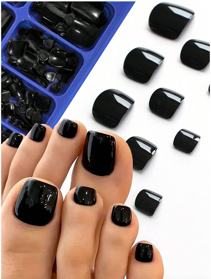 100pcs Glossy False Toenails, 12 Sizes/Box, Black Press-On Nails