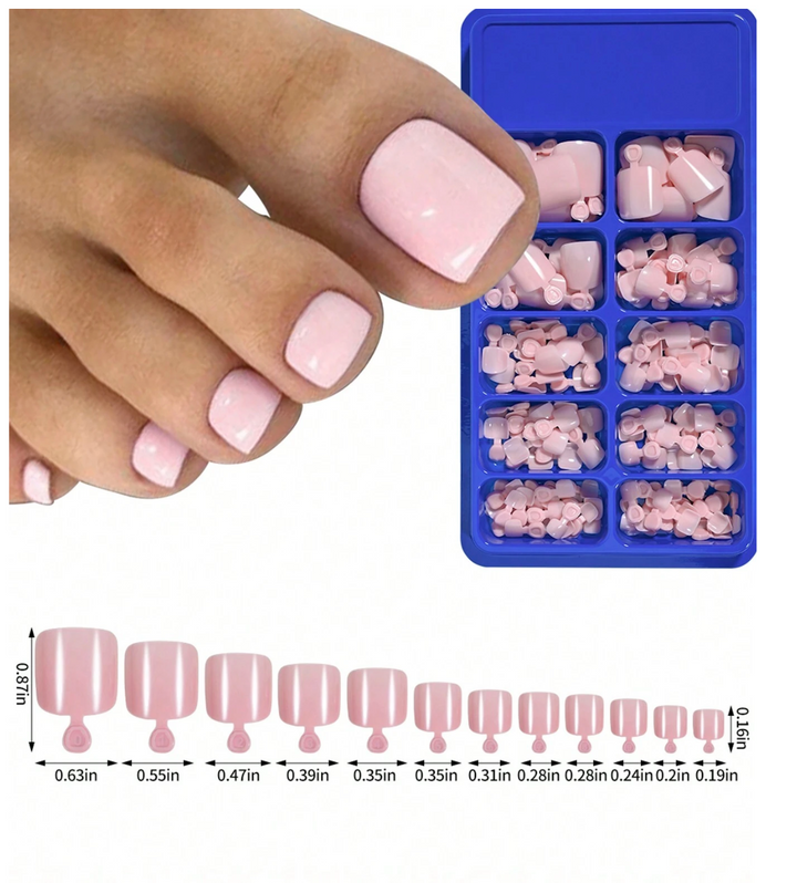 100pcs 12 Sizes Short Press-On Nails, Glossy Toe Nail Tips