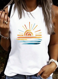 INAWLY Women's Round Neck Sleeveless Summer Sun Pattern Casual Versatile Tank Top