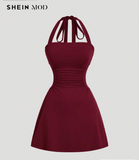 SHEIN MOD Women's Burgundy Halter-Neck Cinched Waist A-Line Dress