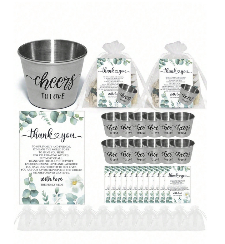 36/18/3pcs Wedding Party Gift Set, Stainless Steel Toasting Cups, Thank You Cards, Organza Gift Bags