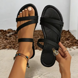 Women's Hong Kong Style Vintage Flat Slippers, Simple Summer Street Style Slippers with a Double Strap Design for a Vintage Feel.