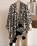 Plus Size, Vintage Leopard Print Pom Pom Shawl