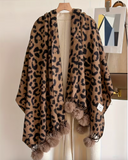 Plus Size, Vintage Leopard Print Pom Pom Shawl