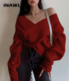 INAWLY 1pc Women's Fall Solid Color V-Neck Long Sleeve Casual Sweater Knit Pullover Fall Winter