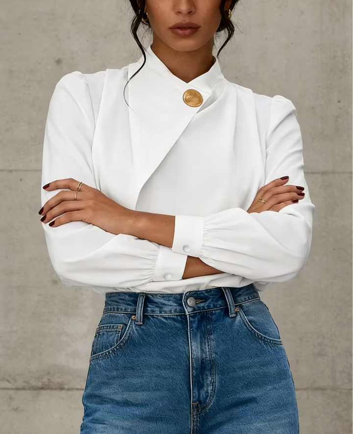 Women'S Elegant Easy Commuter Metallic Buckle Asymmetrical Collar Long Sleeve