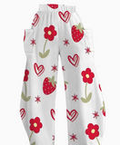 Wide-Leg Pants with a Sweet Strawberry Floral Design, Featuring a Pure White Background Adorned with Red Ripe Strawberries
