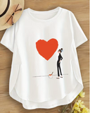 Women's Casual Round Neck Spliced T-Shirt with Doodle Giant Heart Illustration, Polyester Fabric, Loose Fit,
