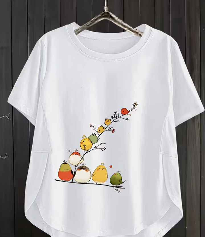 Women's Bird Print T-Shirt Short Sleeve Top - Features a Cartoon-style Bird Pattern with Multiple Colorful Birds