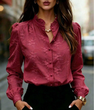 Women's Solid Long Sleeve Shirt With Floral Embroidery – Collared Casual Business Top Wear