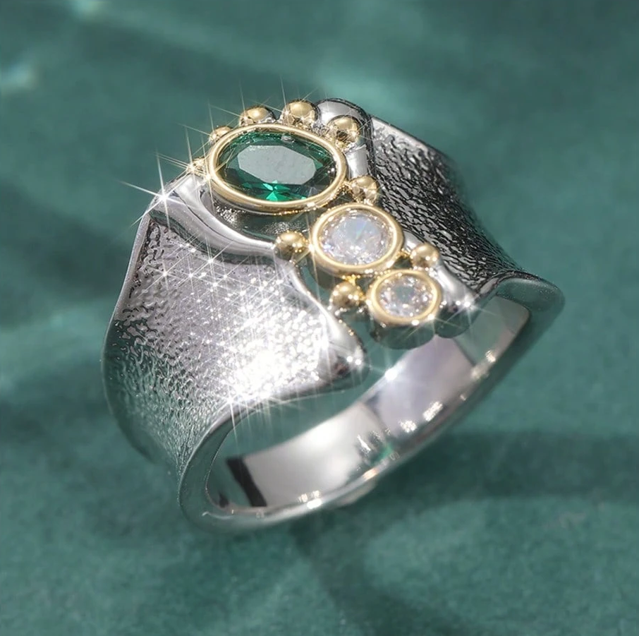 Bohemian Luxury Women's Cocktail Ring, Inlaid With White & Green Synthetic Cubic Zirconia, Wide Design, Ideal Gift For Festivals And Celebrations