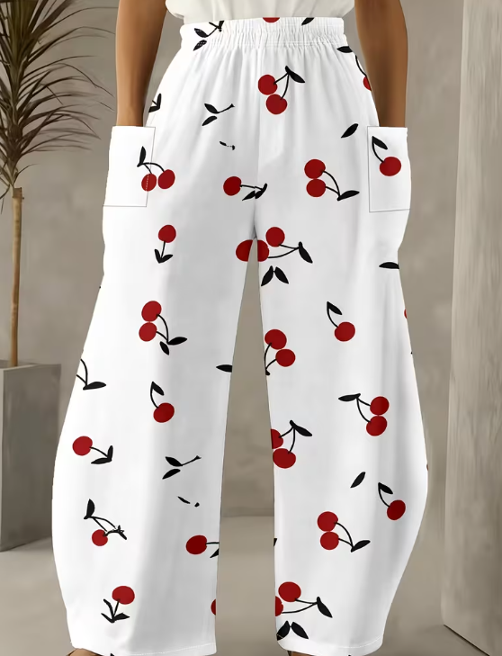 Ladies' Wide-Leg Pants, Sweet Cherry Print, Breathable And Skin-Friendly with Pockets, Loose And Draping to Elongate The Legs, Perfect for Daily Outings, Picnics, Or Vacations, Youthful And Versatile Casual Long Pant