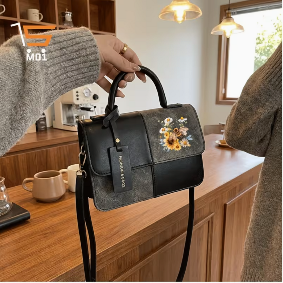 1pc Watercolor Bee with Wildflowers Pattern Print Women's Handbag with Magnetic Closure Elegant Square