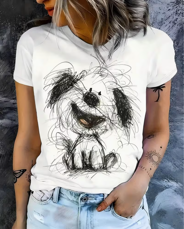 Women's White Short-Sleeve T-Shirt with Hand-Painted Graffiti Puppy Print - Loose Fit Round Neck Casual Streetwear Top