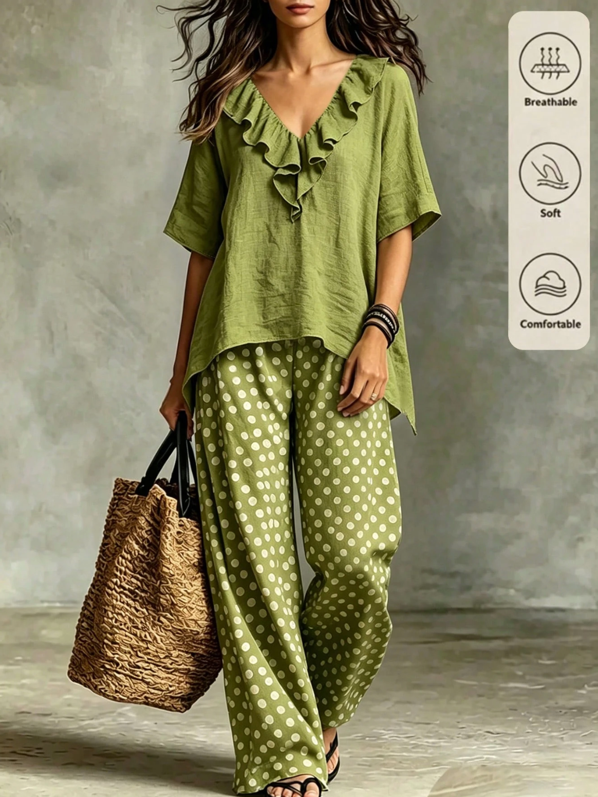 Women's 2 Pieces Green Polka Dot Set,Loose Fit Casual Boho Summer Outfit,
