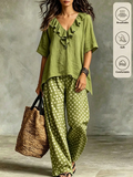 Women's 2 Pieces Green Polka Dot Set,Loose Fit Casual Boho Summer Outfit,