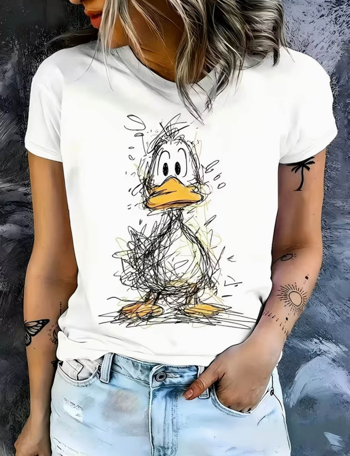 Women's Round Neck T-Shirt with Hand-Drawn Duckling Doodle - Soft Relaxed Fit Short Sleeve Top, Black & Yellow Contrast Line Art