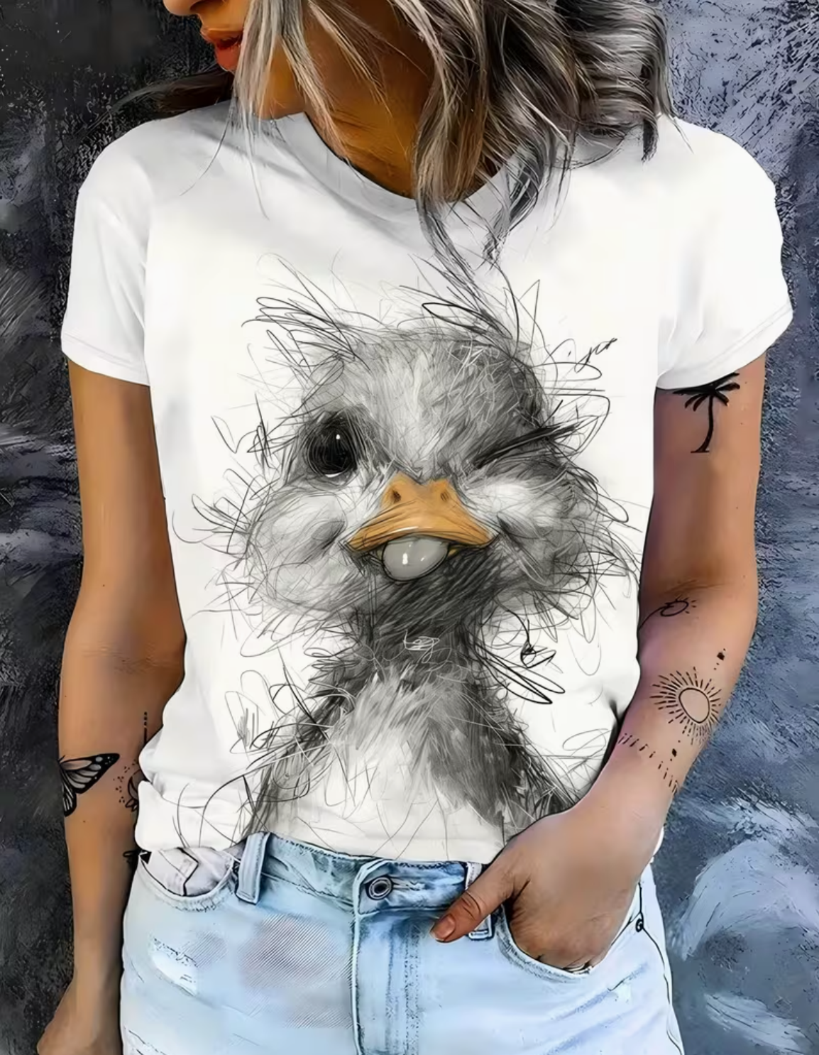 Printed Design - Ugly Cute Duckling Sketch-Style Print Short Sleeve T-Shirt, Artistic Line Art Duckling Pattern Tee,