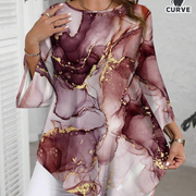 EMERY ROSE Plus Size Water-Ink Marble Textured Pattern Round Neck Long Sleeve Shirt,