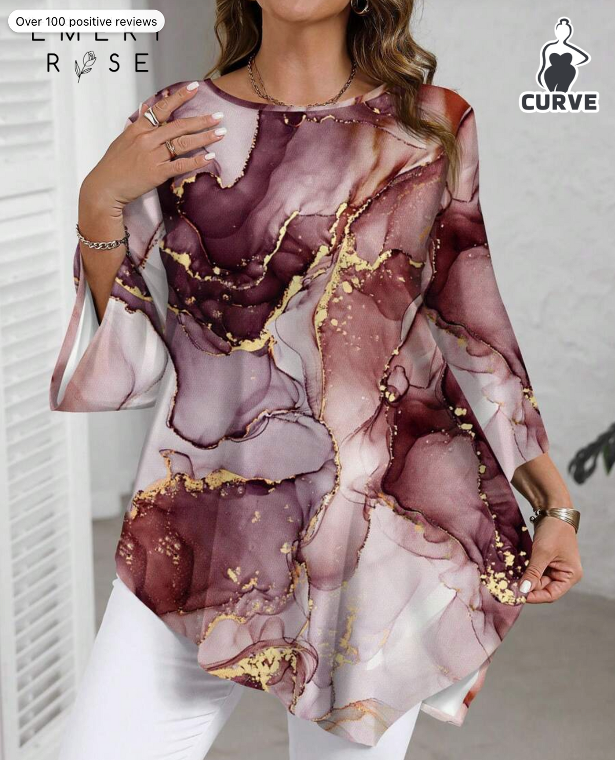 EMERY ROSE Plus Size Water-Ink Marble Textured Pattern Round Neck Long Sleeve Shirt,