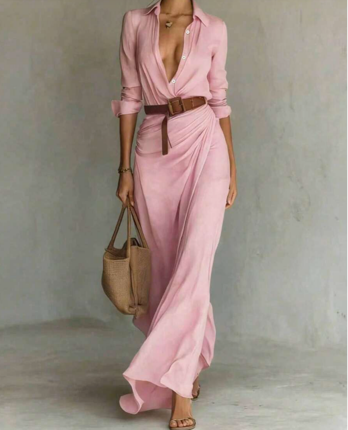 Solid Color Casual Elegant Lightweight Pleated Front Button Office Women Pink Long Dresses