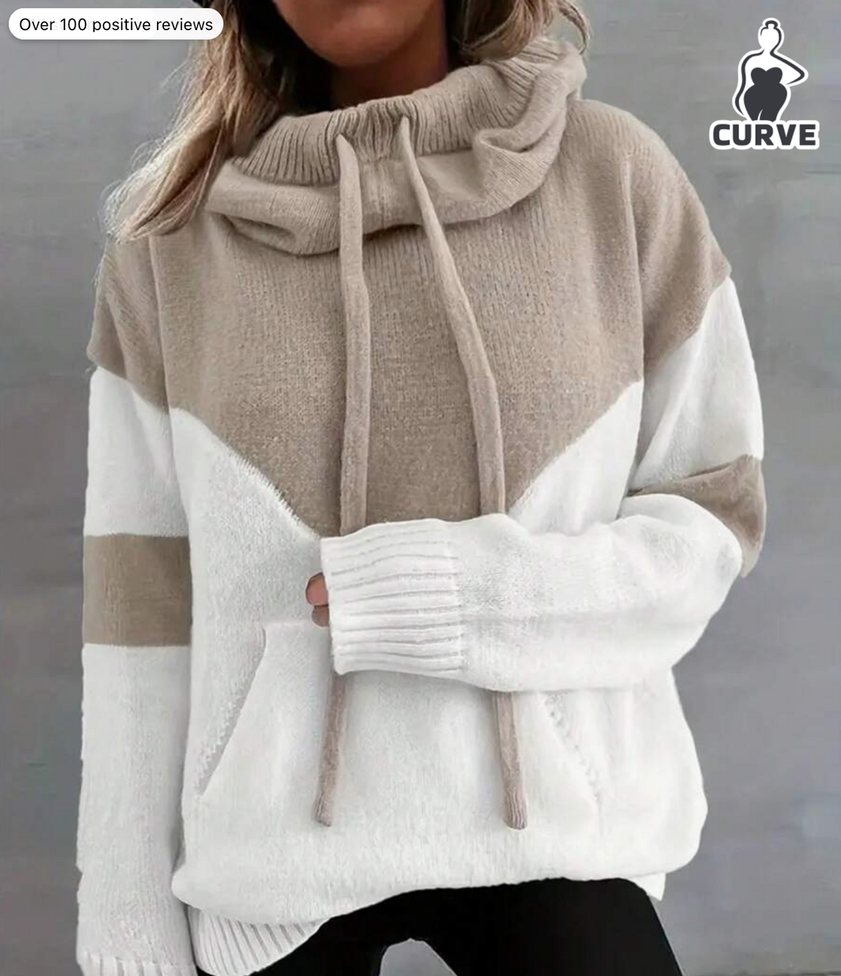 Plus Size Color Block Drawstring Hooded Knit Sweater, Long Sleeve Pullover With Pockets,