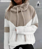 Plus Size Color Block Drawstring Hooded Knit Sweater, Long Sleeve Pullover With Pockets,