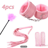 4pcs/Set Pink Plush Handcuffs, Pink Feather Sticks, Pink PU Leather Whip And Pink G-Spot Finger Sleeve, Adult Sex Toys, BDSM Bondage Restraints Toy, BDSM Couple Sex Toys