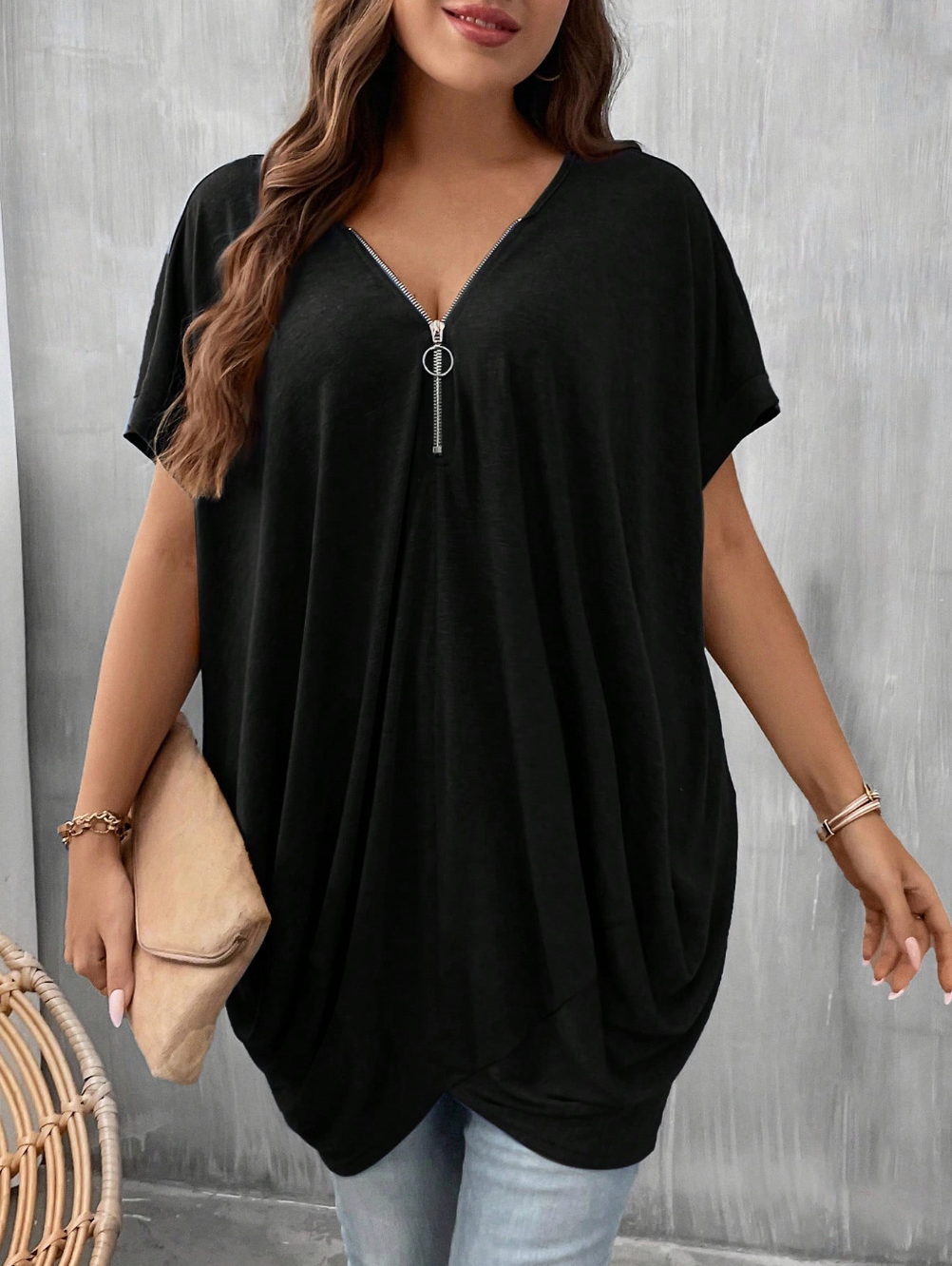Plus Size Women Solid Color Zip Half Placket Short Sleeve Casual Loose T-Shirt
