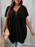 Plus Size Women Solid Color Zip Half Placket Short Sleeve Casual Loose T-Shirt