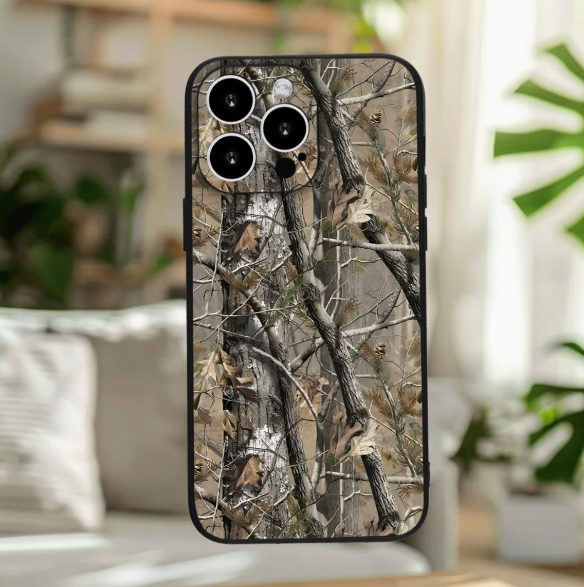 Phone Case: Minimalist Forest Camouflage Phone Case, Natural Camouflage Print Full-Coverage Black Protective Case