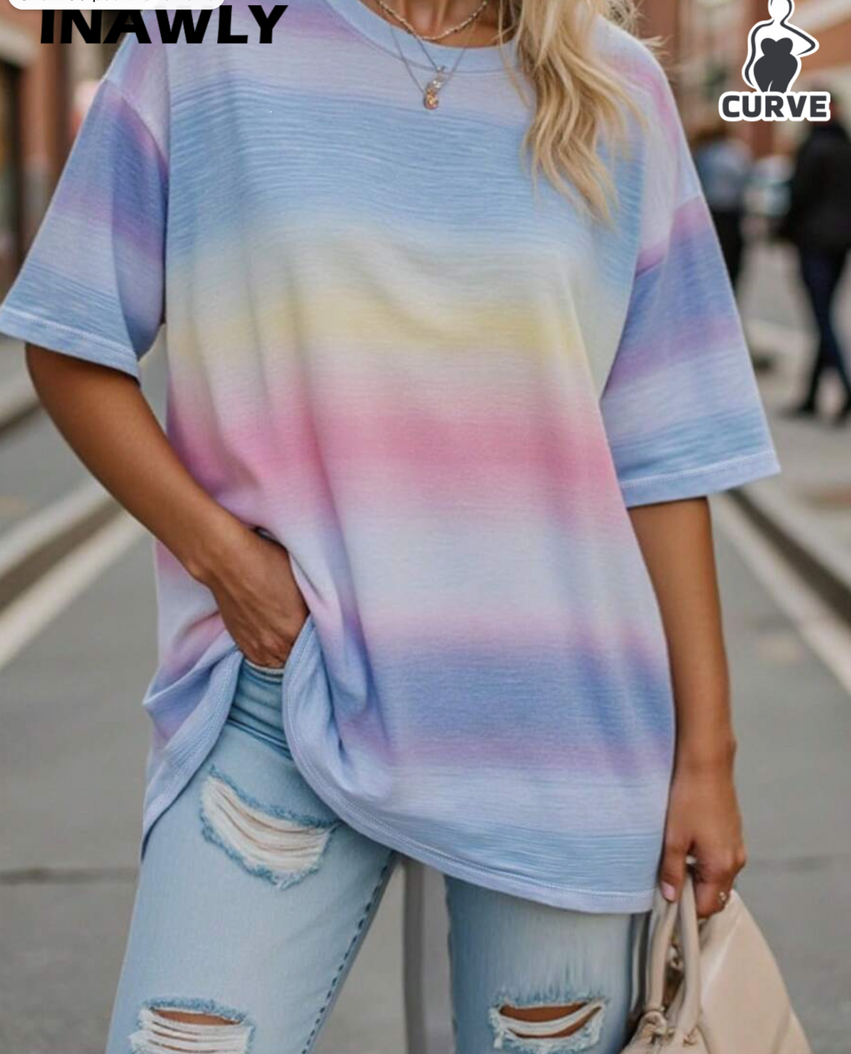 INAWLY Women's Plus Size Macaron Striped Digital Print Short Sleeve T-Shirt, Summer