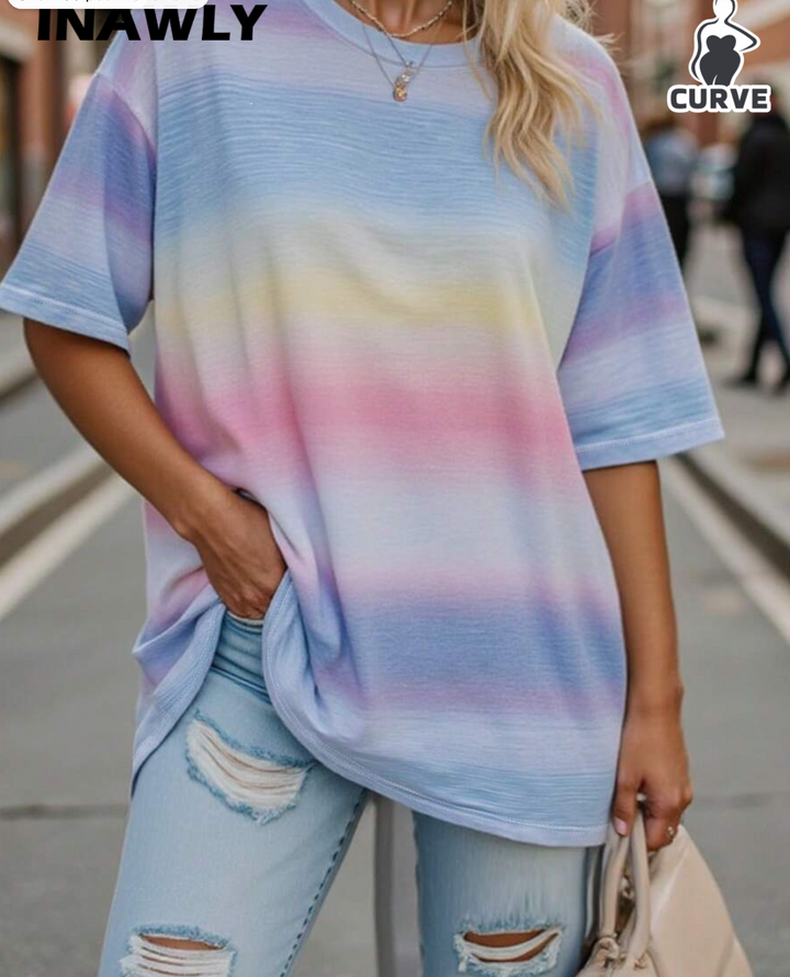 INAWLY Women's Plus Size Macaron Striped Digital Print Short Sleeve T-Shirt, Summer