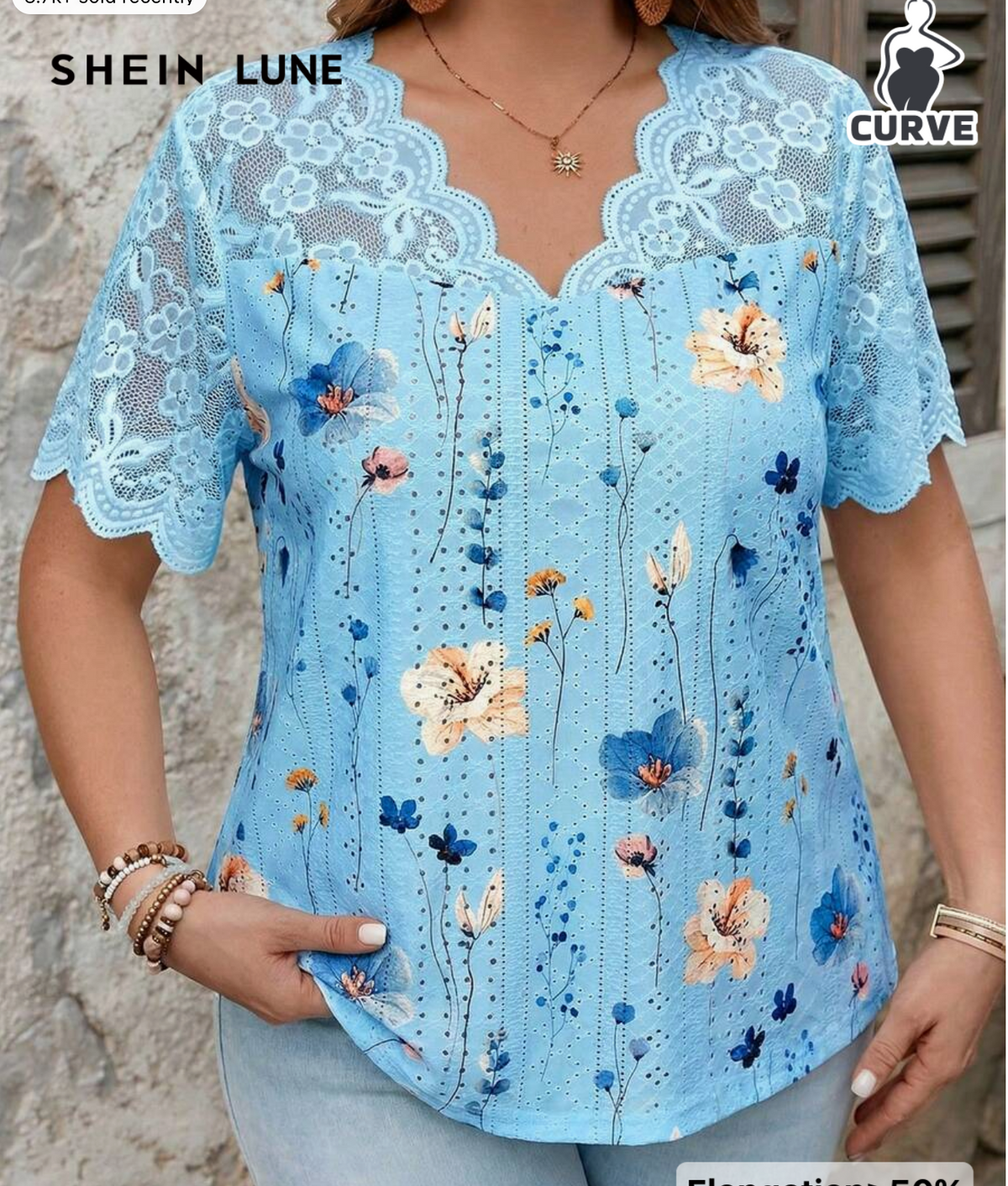 SHEIN LUNE Plus Size Women Floral Print Lace Patchwork V-Neck Short Sleeve Casual T-Shirt