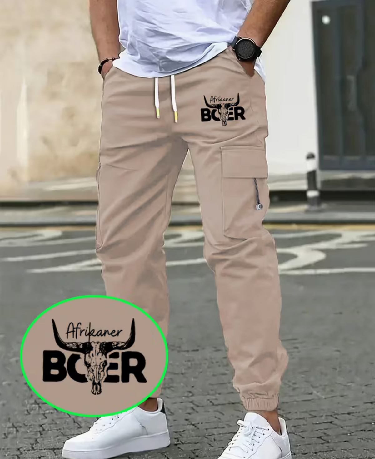Men's Cargo Pants with "Afrikaner BOER" Bull Skull Emblem and Multi-Pocket Design, Perfect for Daily Wear, Western-Themed Events