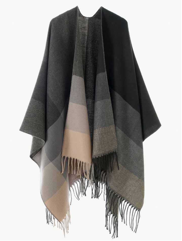 1pc Women's Simple Striped Color Block Plaid Patchwork Poncho Shawl Jacket, Casual Outdoor Travel Warm Fringe Scarf Wrap, Suitable For Autumn/Winter Daily Wear For Dress