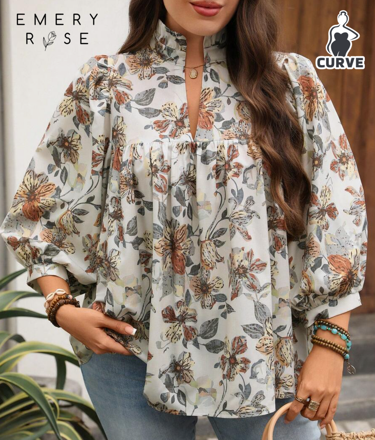 EMERY ROSE Plus Size Women Floral Print Pleated Casual Versatile Daily Wear Shirt