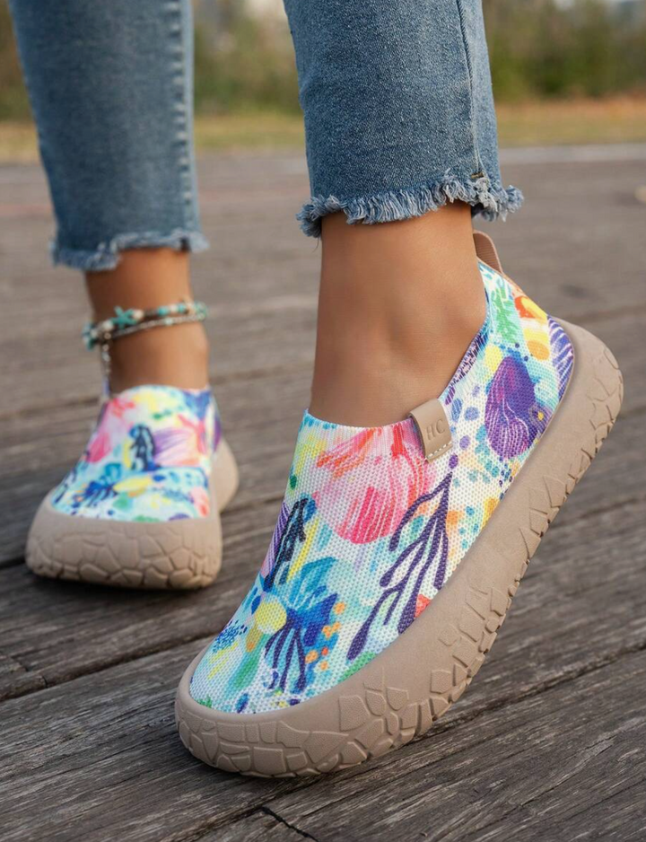 Women's Colorful Shell & Floral Print Knit Slip-On Sneakers, Breathable Mesh, Super Lightweight