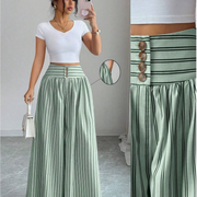 Elenzga Striped Print Button Decor Slant Pocket Casual Alternative Wide Leg Pants
