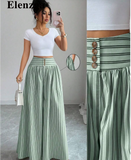 Elenzga Striped Print Button Decor Slant Pocket Casual Alternative Wide Leg Pants